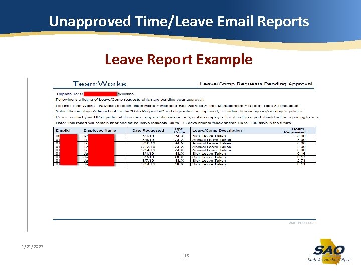 Unapproved Time/Leave Email Reports Leave Report Example 1/21/2022 18 Unapproved Time/Leave Email Reports Leave Report Example 1/21/2022 18