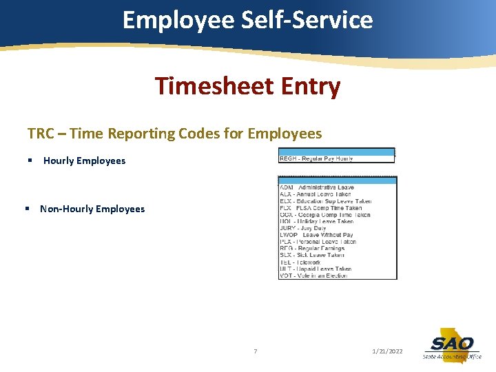 Employee Self-Service Timesheet Entry TRC – Time Reporting Codes for Employees § Hourly Employees Employee Self-Service Timesheet Entry TRC – Time Reporting Codes for Employees § Hourly Employees