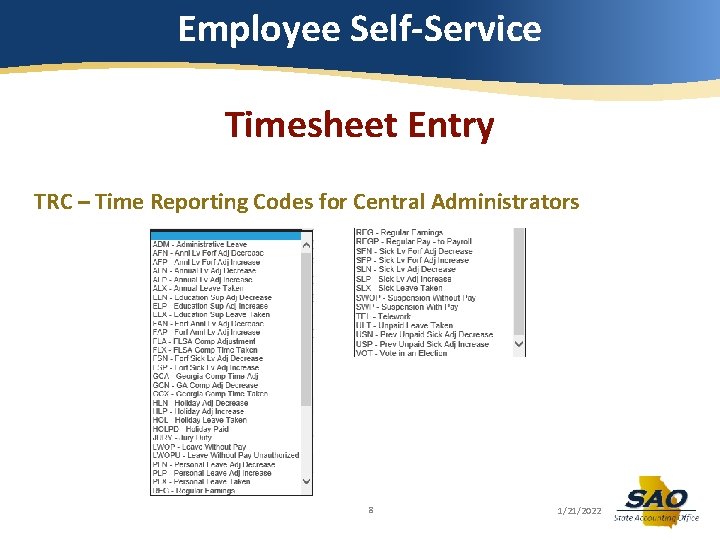 Employee Self-Service Timesheet Entry TRC – Time Reporting Codes for Central Administrators 8 1/21/2022 Employee Self-Service Timesheet Entry TRC – Time Reporting Codes for Central Administrators 8 1/21/2022
