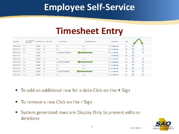 Employee Self-Service Timesheet Entry § To add an additional row for a date Click Employee Self-Service Timesheet Entry § To add an additional row for a date Click