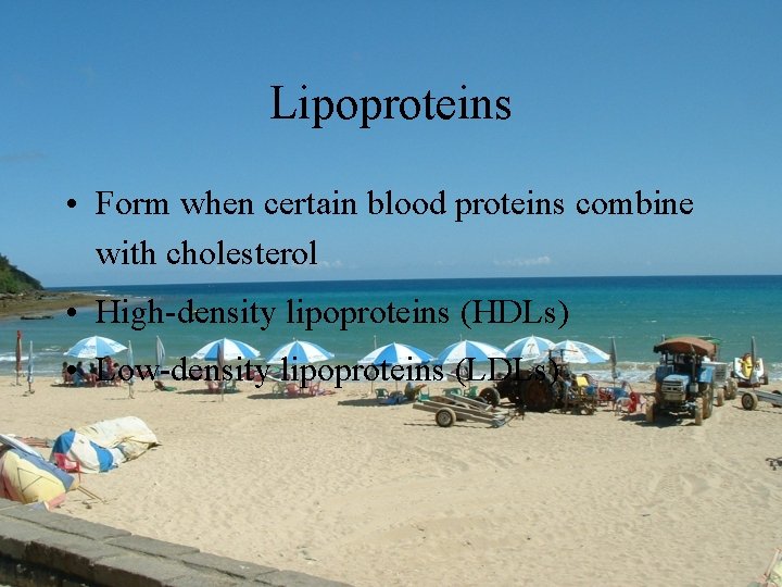 Lipoproteins • Form when certain blood proteins combine with cholesterol • High-density lipoproteins (HDLs)
