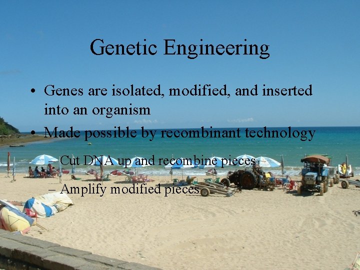 Genetic Engineering • Genes are isolated, modified, and inserted into an organism • Made