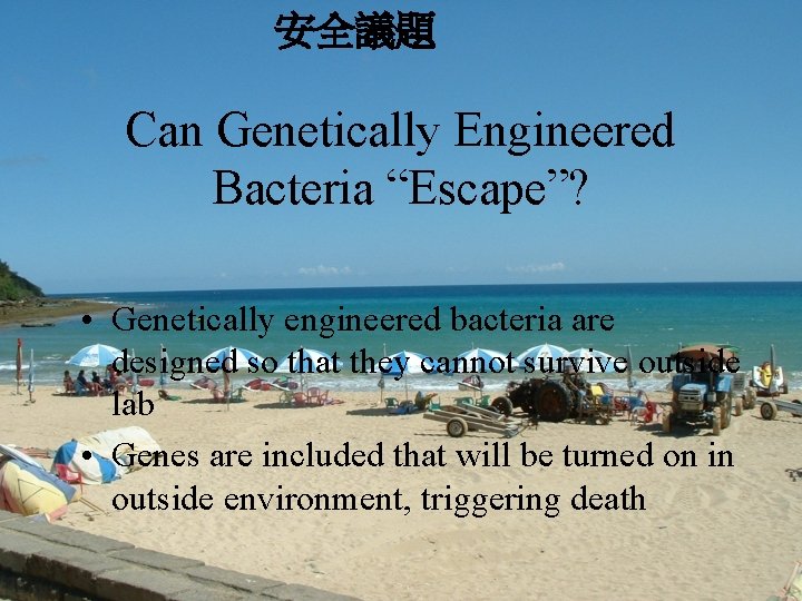 安全議題 Can Genetically Engineered Bacteria “Escape”? • Genetically engineered bacteria are designed so that