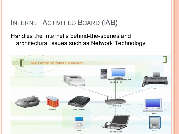 INTERNET ACTIVITIES BOARD (IAB) Handles the Internet's behind-the-scenes and architectural issues such as Network