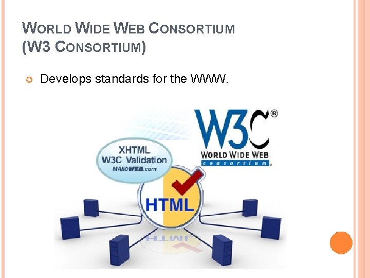 WORLD WIDE WEB CONSORTIUM (W 3 CONSORTIUM) Develops standards for the WWW. 