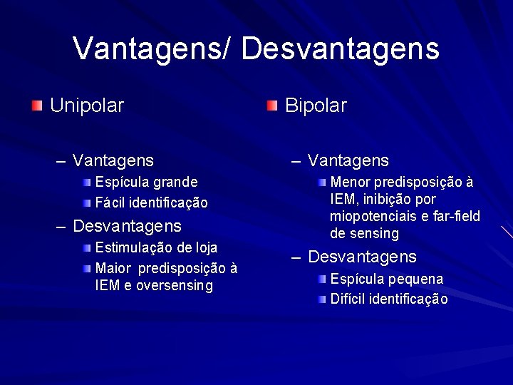 Vantagens/ Desvantagens Unipolar – Vantagens Espícula grande Fácil identificação – Desvantagens Estimulação de loja