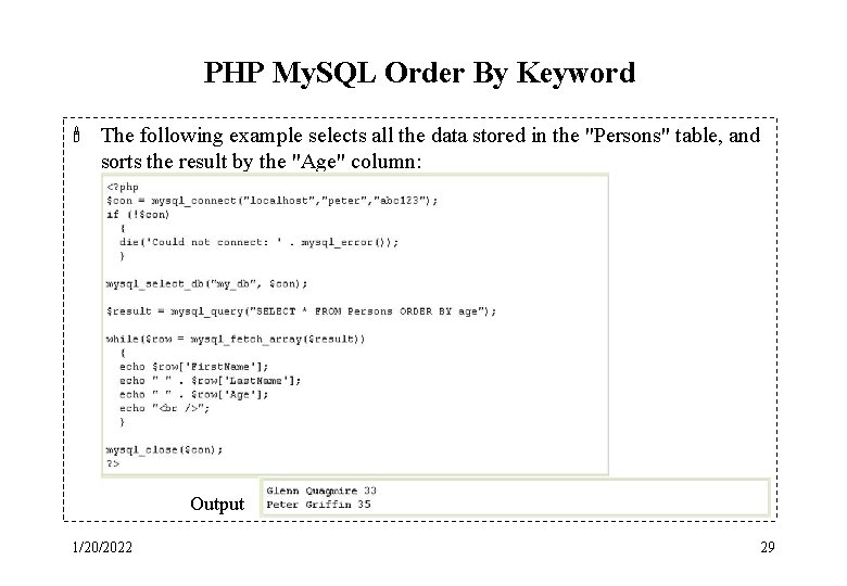 PHP My. SQL Order By Keyword ' The following example selects all the data