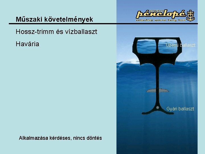 Műszaki követelmények Hossz-trimm és vízballaszt Havária Üzemi ballaszt Gyári ballaszt Alkalmazása kérdéses, nincs döntés Műszaki követelmények Hossz-trimm és vízballaszt Havária Üzemi ballaszt Gyári ballaszt Alkalmazása kérdéses, nincs döntés