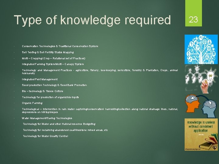 Type of knowledge required • Conservation Technologies & Traditional Conservation System • Soil Testing