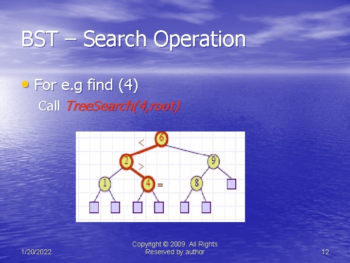 BST – Search Operation • For e. g find (4) Call Tree. Search(4, root)