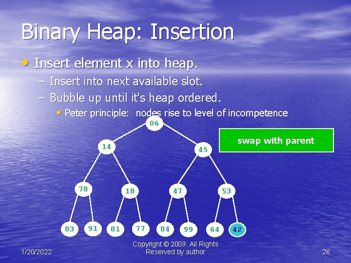 Binary Heap: Insertion • Insert element x into heap. – Insert into next available