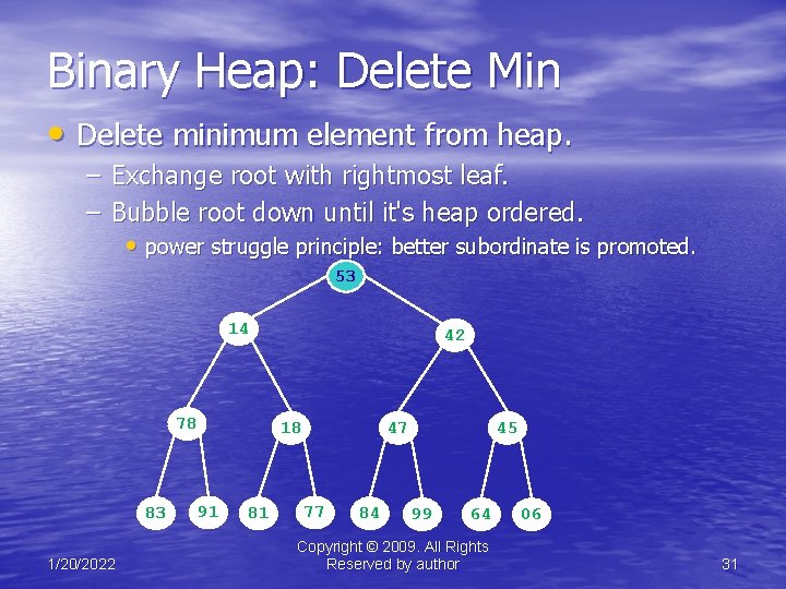 Binary Heap: Delete Min • Delete minimum element from heap. – Exchange root with