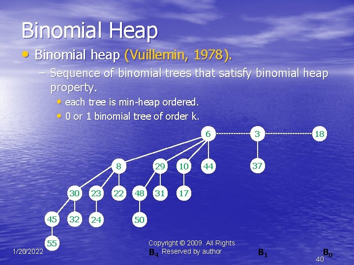 Binomial Heap • Binomial heap (Vuillemin, 1978). – Sequence of binomial trees that satisfy