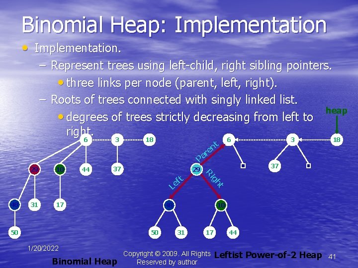 Binomial Heap: Implementation • Implementation. – Represent trees using left-child, right sibling pointers. •