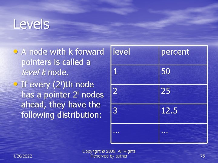 Levels • A node with k forward level • pointers is called a level