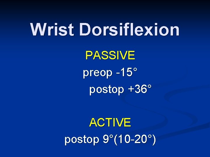 Wrist Dorsiflexion PASSIVE preop -15° postop +36° ACTIVE postop 9°(10 -20°) 