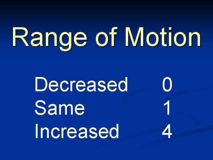 Range of Motion Decreased Same Increased 0 1 4 