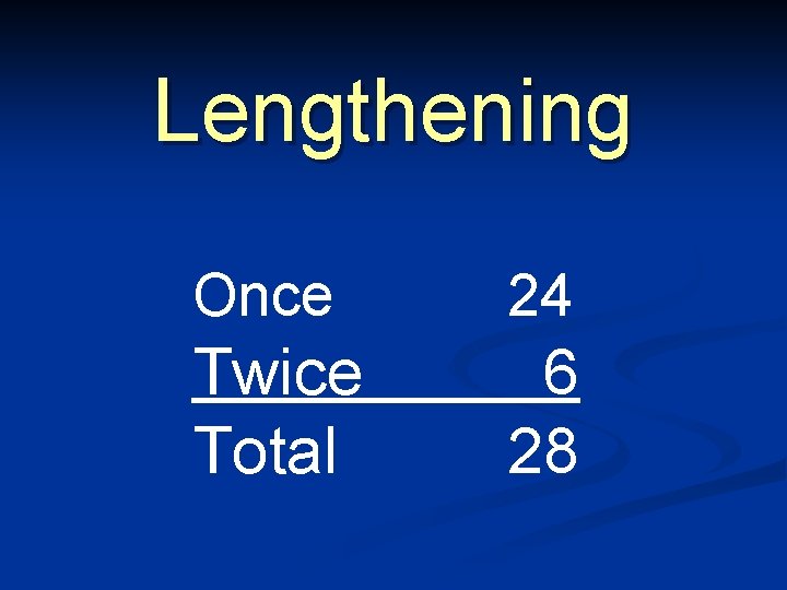 Lengthening Once 24 Twice Total 6 28 