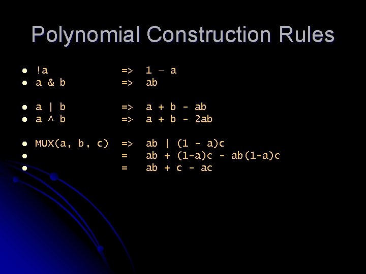 Polynomial Construction Rules !a a & b => => 1 – a ab l
