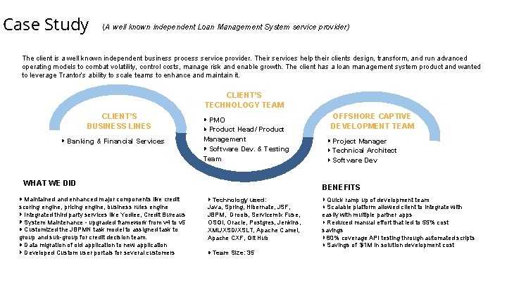 Case Study (A well known independent Loan Management System service provider) The client is