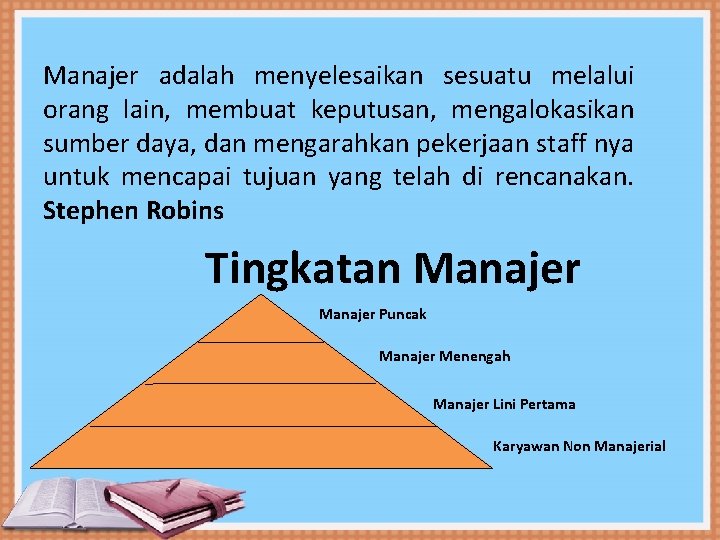 KEGIATAN FUNGSI Manajer adalah menyelesaikan sesuatu melalui MANAJEMEN orang lain, membuat keputusan, mengalokasikan sumber