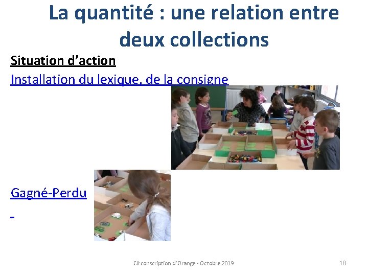 La quantité : une relation entre deux collections Situation d’action Installation du lexique, de