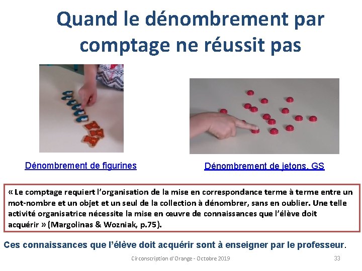 Quand le dénombrement par comptage ne réussit pas Dénombrement de figurines Dénombrement de jetons,