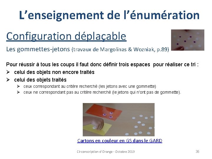 L’enseignement de l’énumération Configuration déplaçable Les gommettes-jetons (travaux de Margolinas & Wozniak, p. 89)