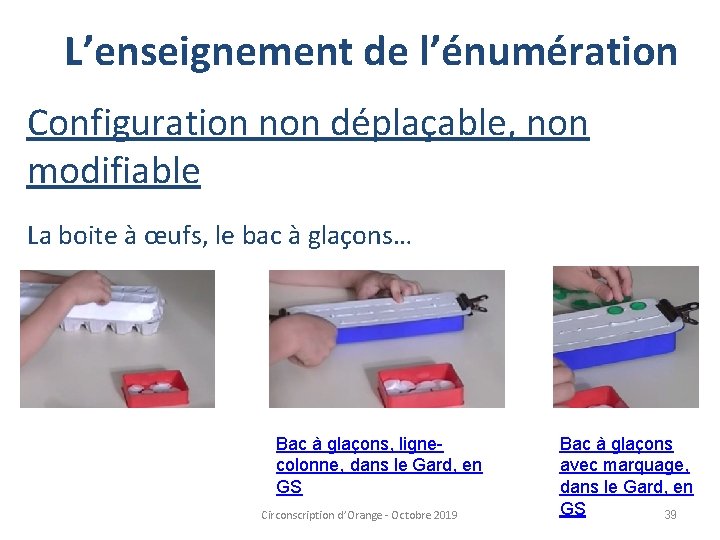 L’enseignement de l’énumération Configuration non déplaçable, non modifiable La boite à œufs, le bac