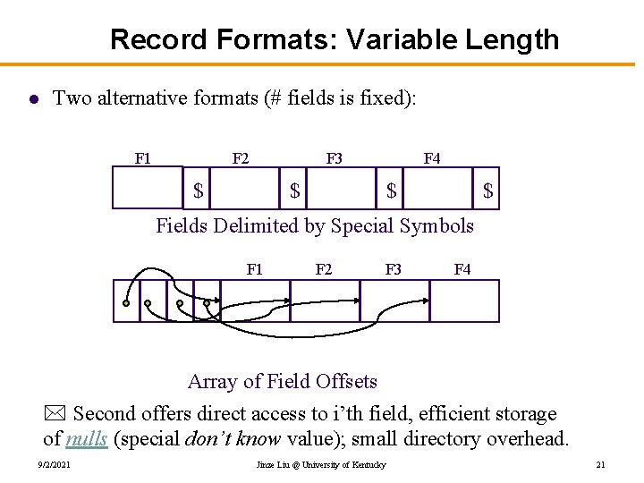 Record Formats: Variable Length l Two alternative formats (# fields is fixed): F 1