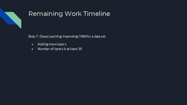 Remaining Work Timeline Step 7 : Deep Learning: improving CNN for a data set