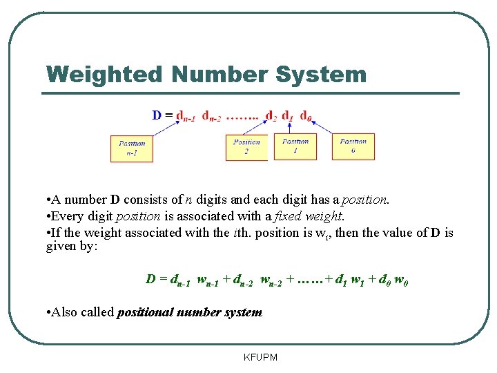 Weighted Number System • A number D consists of n digits and each digit