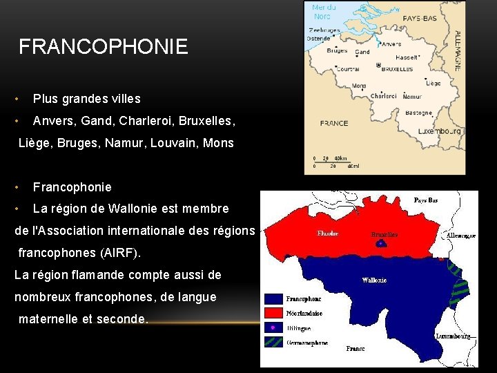 FRANCOPHONIE • Plus grandes villes • Anvers, Gand, Charleroi, Bruxelles, Liège, Bruges, Namur, Louvain,