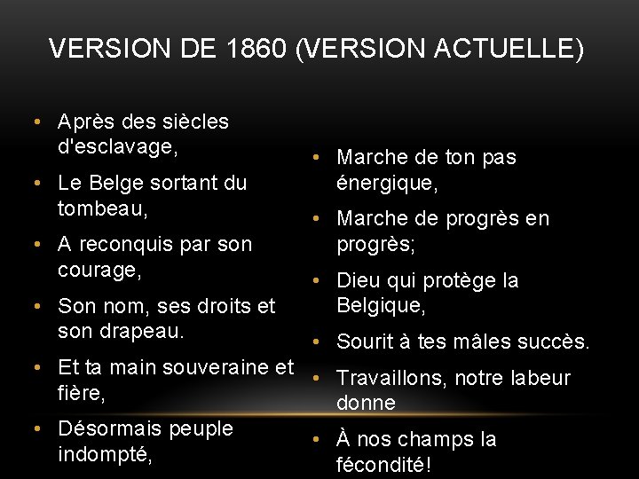 VERSION DE 1860 (VERSION ACTUELLE) • Après des siècles d'esclavage, • Le Belge sortant