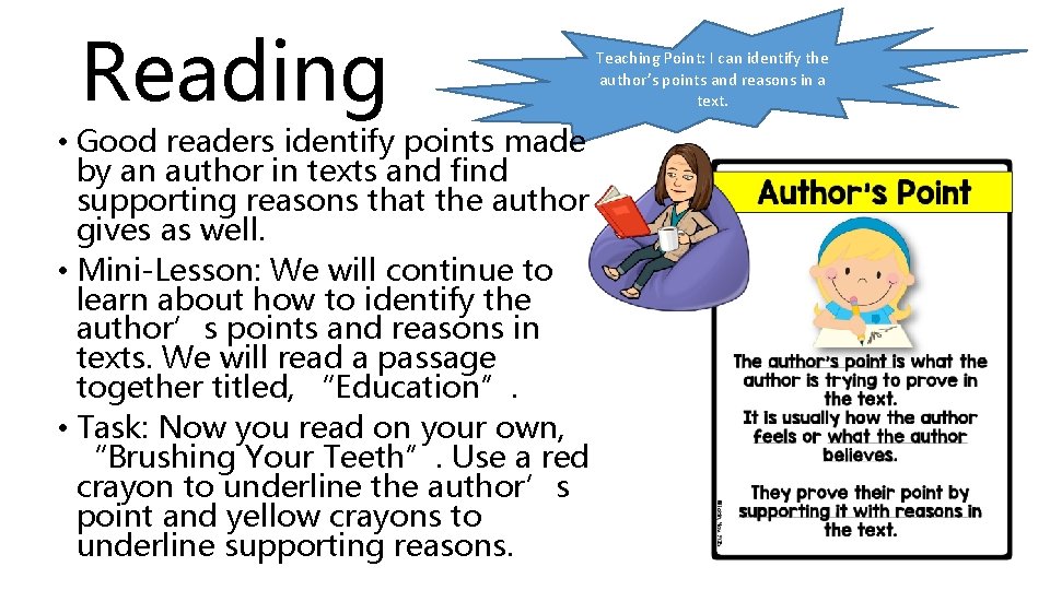 Reading • Good readers identify points made by an author in texts and find