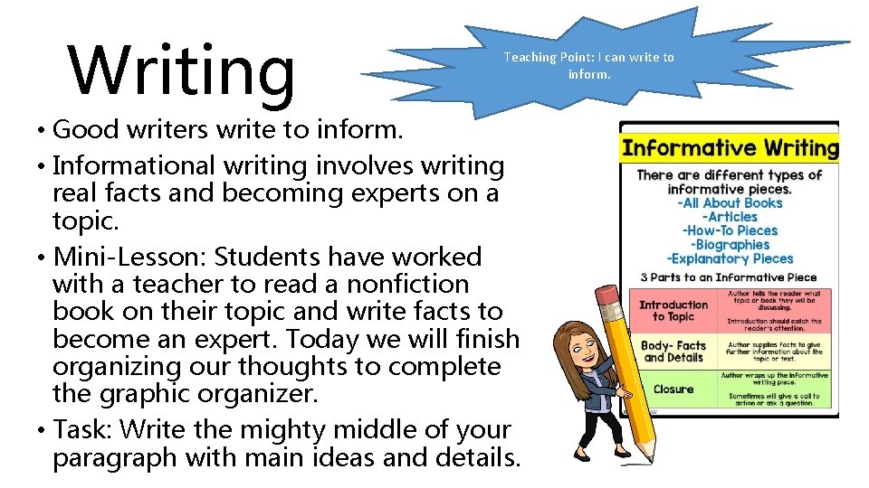 Writing Teaching Point: I can write to inform. • Good writers write to inform.