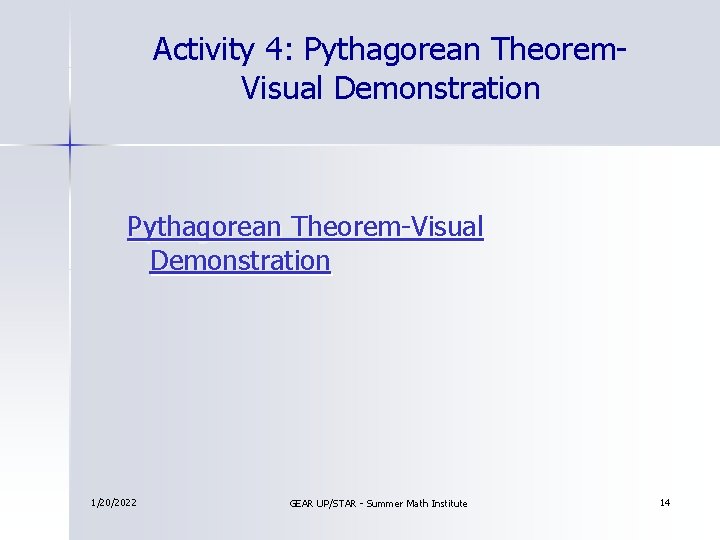 Activity 4: Pythagorean Theorem. Visual Demonstration Pythagorean Theorem-Visual Demonstration 1/20/2022 GEAR UP/STAR - Summer