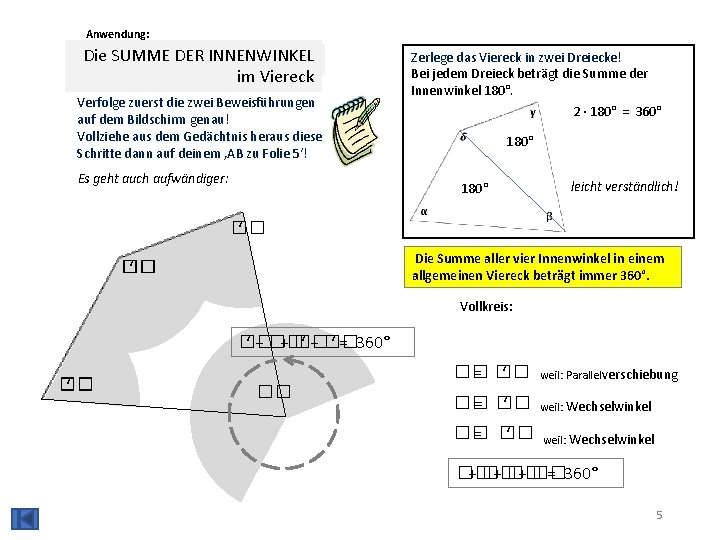 Anwendung: Die DER INNENWINKEL Die SUMME WINKELSUMME im Viereck Verfolge zuerst die zwei Beweisführungen