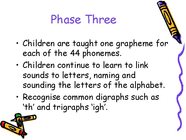 Phase Three • Children are taught one grapheme for each of the 44 phonemes.