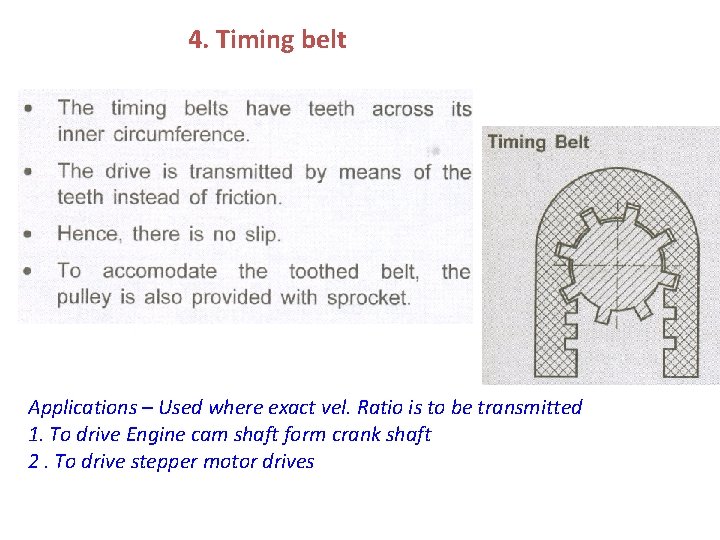 4. Timing belt Applications – Used where exact vel. Ratio is to be transmitted