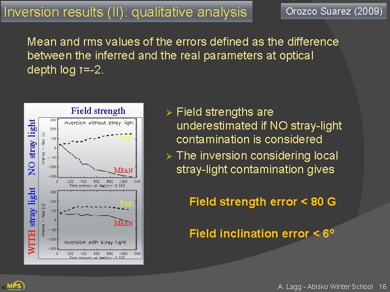 Inversion results (II): qualitative analysis Orozco Suarez (2009) Mean and rms values of the