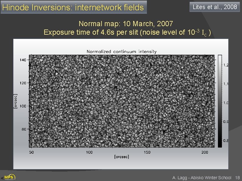 Hinode Inversions: internetwork fields Lites et al. , 2008 Normal map: 10 March, 2007