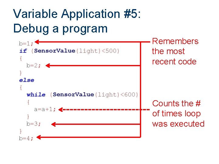 Variable Application #5: Debug a program Remembers the most recent code Counts the #