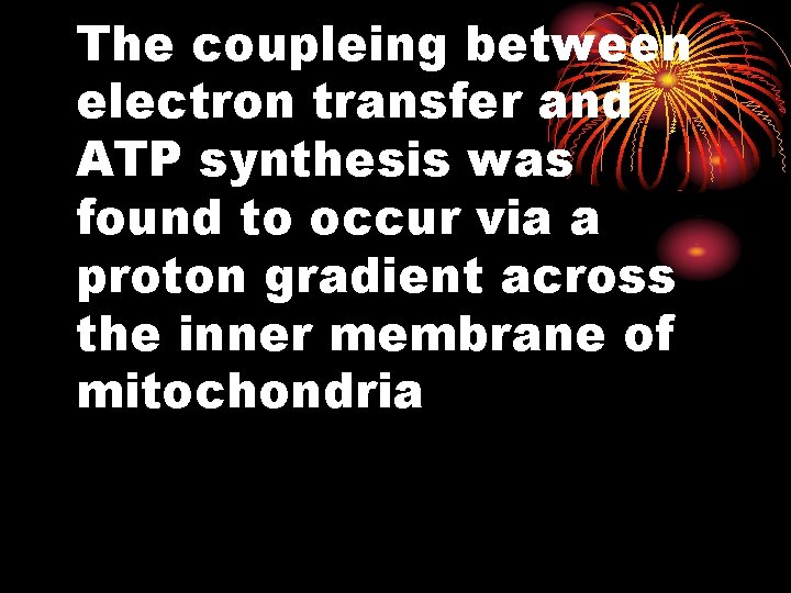 The coupleing between electron transfer and ATP synthesis was found to occur via a