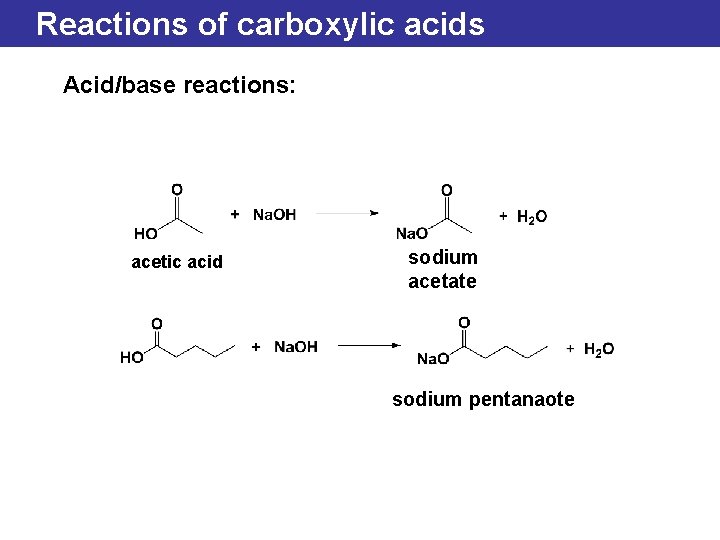Reactions of carboxylic acids Acid/base reactions: acetic acid sodium acetate sodium pentanaote 
