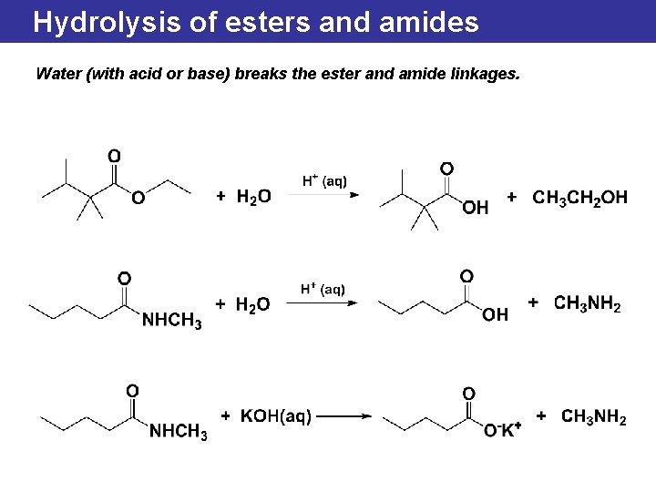 Hydrolysis of esters and amides Water (with acid or base) breaks the ester and