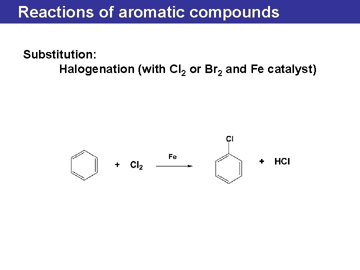 Reactions of aromatic compounds Substitution: Halogenation (with Cl 2 or Br 2 and Fe