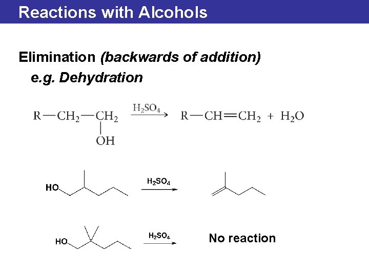 Reactions with Alcohols Elimination (backwards of addition) e. g. Dehydration No reaction 