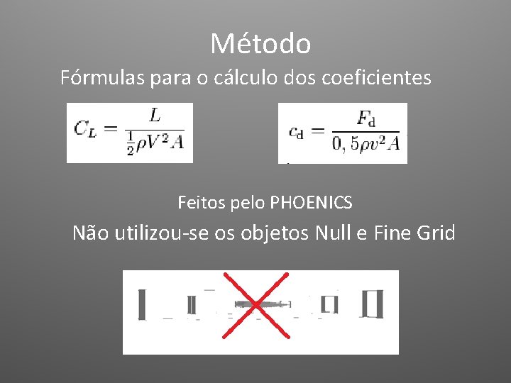 Método Fórmulas para o cálculo dos coeficientes Feitos pelo PHOENICS Não utilizou-se os objetos