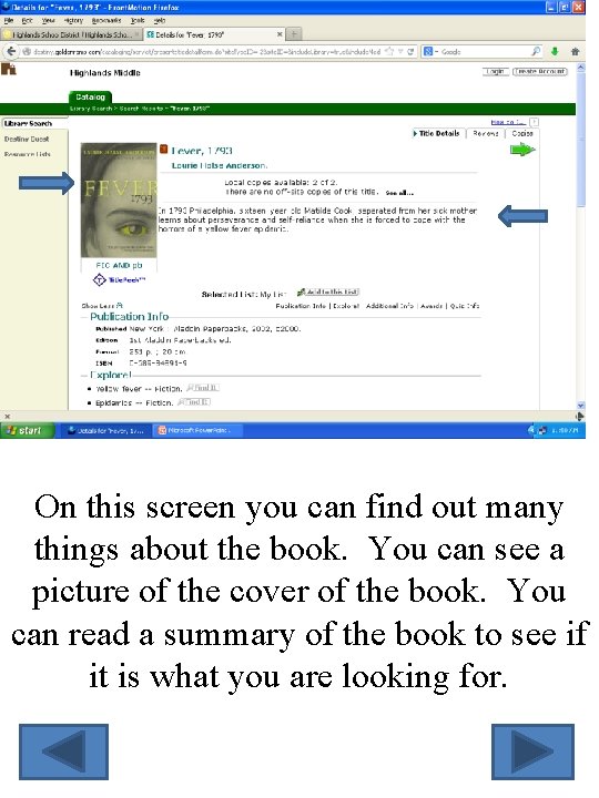 On this screen you can find out many things about the book. You can